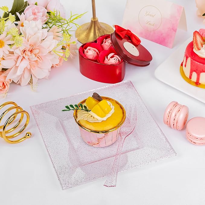 DaYammi 100Pcs Pink Dessert Plates with Forks Including 50Pcs Appetizer Plates,50Pcs Plastic Forks,Glitter Square Plate pink Disposable plates for Wedding,Plastic Cake Plate for Valentine's Day Party