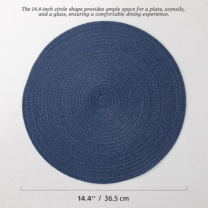 Round Placemats Set of 8 Woven Placemats Washable Braided Table Mats for Dining Table Heat Resistant Non-Slip Circle Place Mats(Navy Blue)