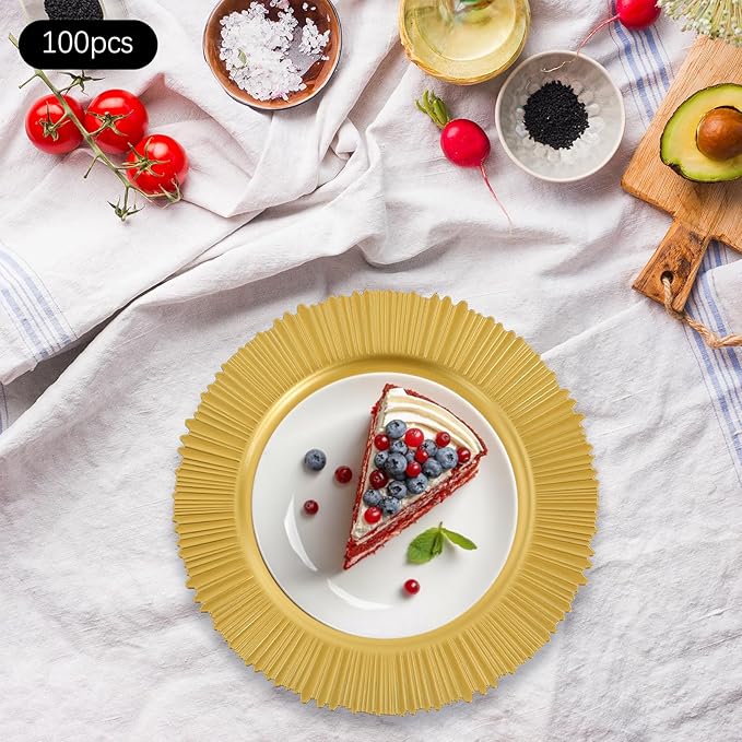 Charger Plates, 100pcs Floral Gold 13inch Plastic Dinner Plate, Round Plastic Dinner Plate with Delicate Texture for Parties Wedding (Floral Gold)