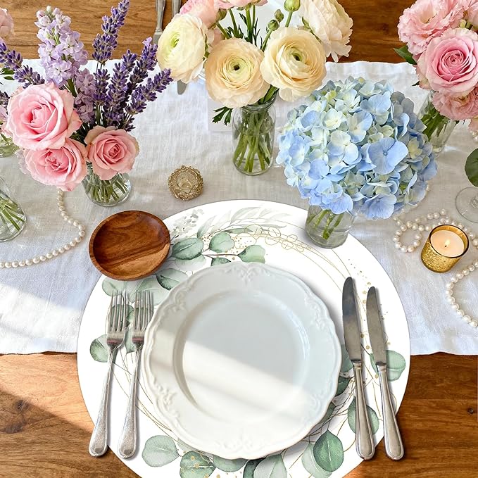 50PCS Eucalyptus & Gold Disposable Paper Placemats 13.5 Inch Spring Summer Round Eucalyptus Leaves Table Mats for Weddings, Bridal Showers & Modern Dining