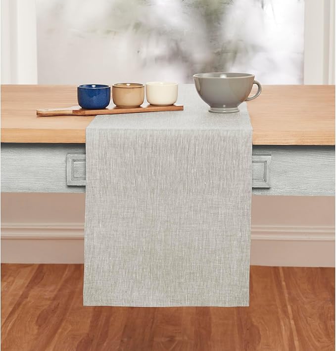 Solino Home Linen Table Runner 90 Inches Long - Athena, 100% Pure Linen Oyster Grey 14 x 90 Inch Table Runner for Dining, Spring, Easter