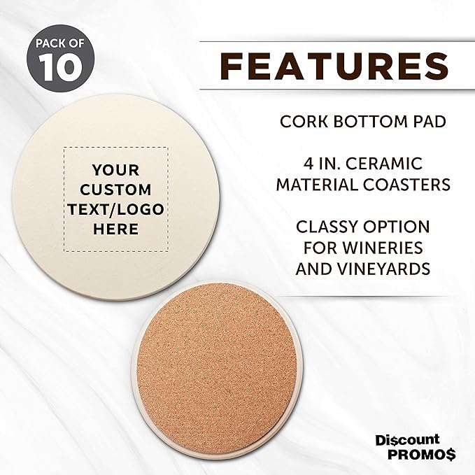 DISCOUNT PROMOS Custom Ceramic Coasters Set of 10, Personalized Bulk Pack - 4 Inches with Cork Bottom Pad, Perfect for Hotel, Bar, Restaurant - Natural