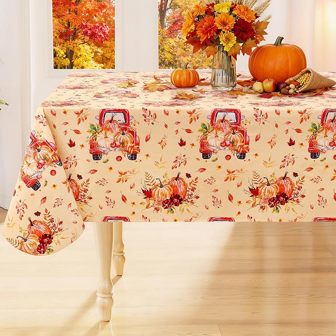 Smiry Fall Rectangle Table Cloth, Waterproof Vinyl Tablecloth with Flannel Backing, Wipeable Autumn Pumpkin Truck Plastic Tablecloths for Harvest and Thanksgiving Parties, (60"x140", Yellow)