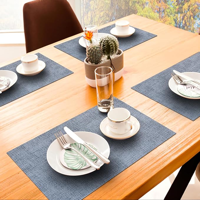 homing Faux Leather Heat Resistant Placemats 4 Packs, Waterproof Wipeable Dining PU Place Mats for Indoor & Outdoor, Easy to Clean, Denim Blue