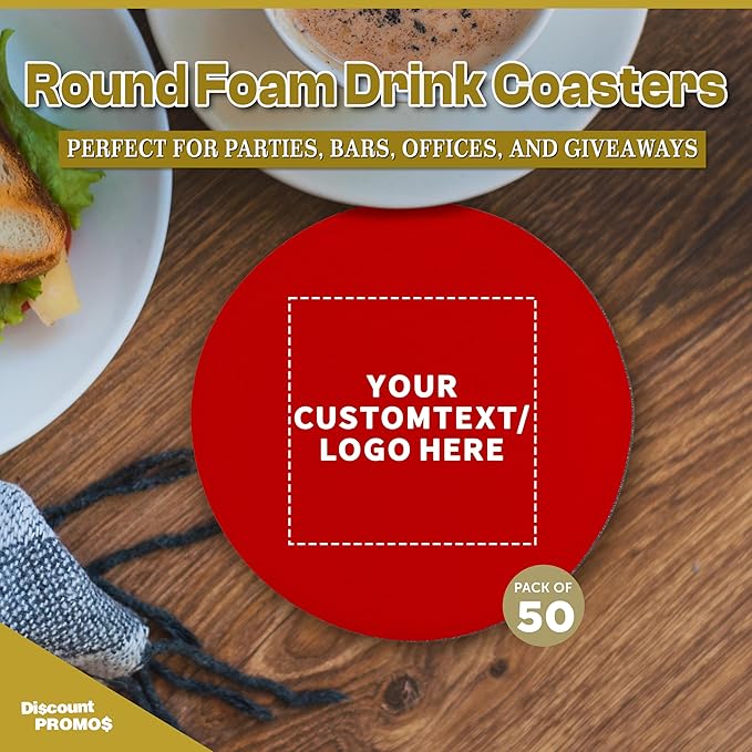 50 Round Foam Bud Coasters Pack, 4 inch - Customizable Text, Logo - PU Foam, Party Favor - Red
