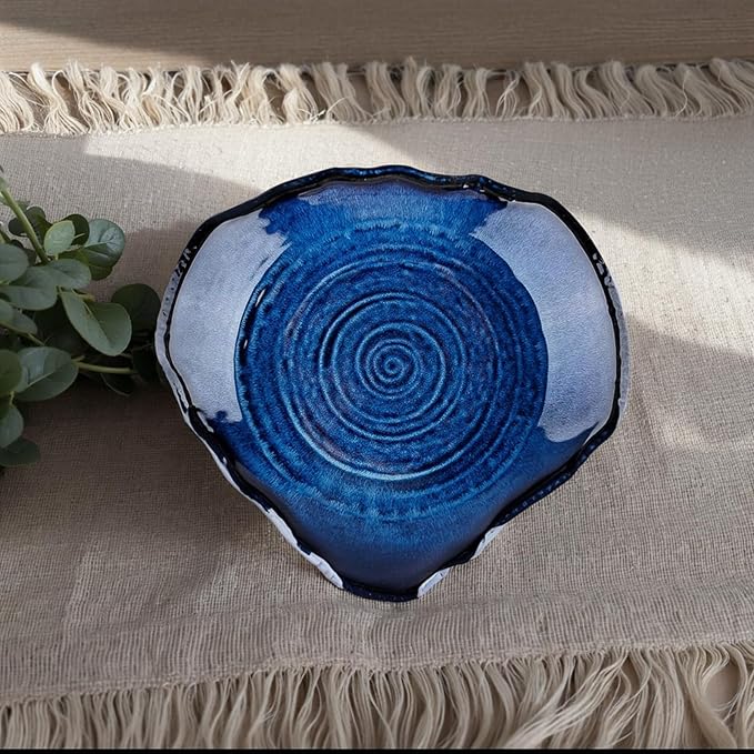Ceramic Decorative Bowl - 12" Large Blue Pottery, Blue Decorative Bowl, Porcelain Centerpiece Tray, Key Bowl for Entryway Table, Living Room, Dining, Trinket Dish, Gift Decor Tray