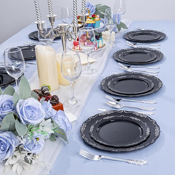 DaYammi 60PCS Black and Silver Plastic Plates, Heavy Duty Black and Silver Disposable Plates Premium 7.5 inch Dessert Cake Salad Appetizer Plate Hard Plastic Plate Disposable for Party Wedding