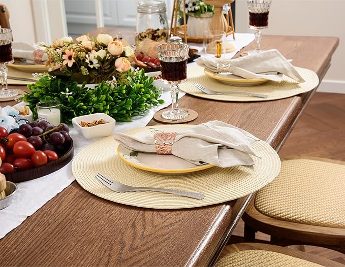 AHHFSMEI Round Braided Placemats 15 Inch Round Table Mats for Dining Tables Natural Woven Heat Resistant Place mats Set of 6 (Beige)