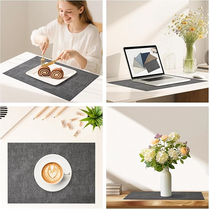 DOLOPL Placemats Set of 6, Reversible Wipeable & Heat Resistant Place Mats, Modern Faux Leather Table Mats for Kitchen, Neutral Waterproof Tablemats for Dining Table Decor, Wedding, Party(Charcoal)