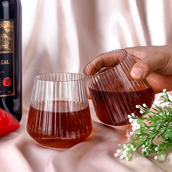20 Pack Plastic Ribbed Wine Glasses, 14Oz Origami Disposable Wine Glasses Unbreakable Clear Plastic Cocktail Glasses Recyclable Shatterproof Reusable Wine Cups