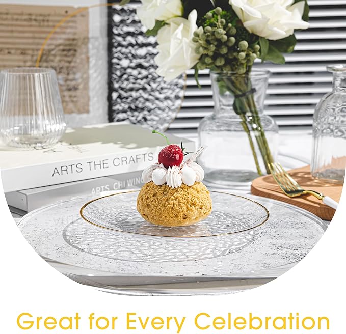 100PCS Clear and Gold Plastic Plates, 7 Inch Disposable Dessert Plates with Gold Rim, Heavy Duty Stone Texture Plastic Plates for Party and Weddings