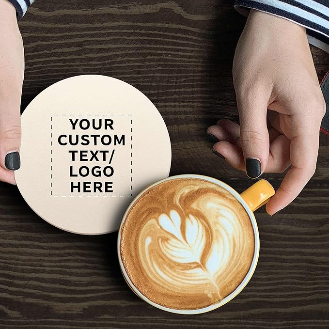 DISCOUNT PROMOS Custom Ceramic Coasters Set of 10, Personalized Bulk Pack - 4 Inches with Cork Bottom Pad, Perfect for Hotel, Bar, Restaurant - Natural