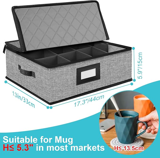 2PACK Quilted Mug Cup Storage Box-China Storage Containers Hard Shell,Cup Storage Containers with Lid for Moving Transport,Kichen Dinnerware Storage
