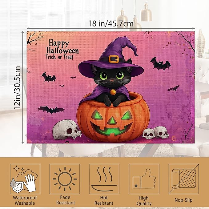 Halloween Pumpkin Placemats Set of 6,Trick or Treat Placemats Washable Kitchen Dining Linen Table Mats Stain Heat-Resistant for Home Party Indoor 12x18 inch