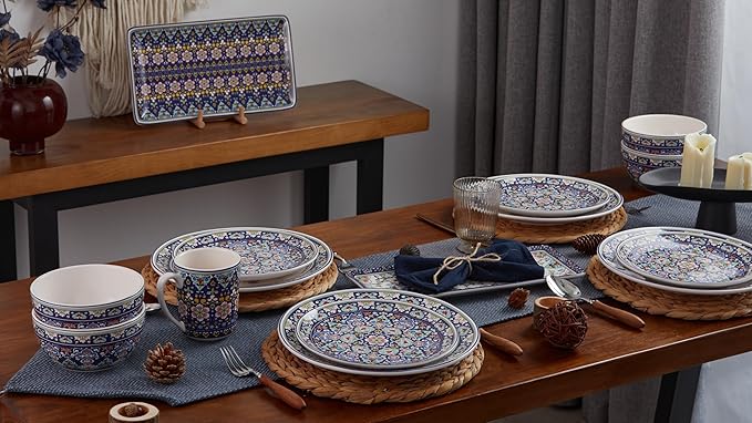 Bico Mandala Kaleidoscope Ceramic 14 inch Rectangular Serving Platter, Set of 2, for Serving Salad, Pasta, Cheese, Ham, Appetizer, Microwave & Dishwasher Safe