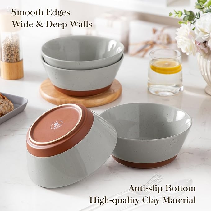 MALACASA Soup Bowls, Ceramic Salad Bowls Set of 4, 35oz Ceramic Bowls for Ramen, Cereal, Fruit and Pho, Microwave & Dishwasher Safe, Speckled Deep Bowls, Grey & Brown