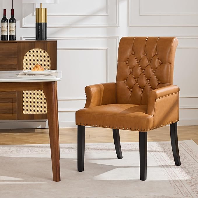 PU Leather Dining Chair with Arms, Upholstered Tufted High Back Dining Room Chairs, Accent Armchair with Solid Wood Leg and Nailhead Trim, Kitchen Dining Living Room, Brown