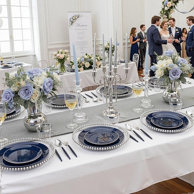 KIRE 175Pcs Blue Plastic Plates with Silver Rim & Disposable Silverware with Blue Handle & Silver-rim Cups & Hand Napkin & Plastic Dinnerware for Parties/Wedding