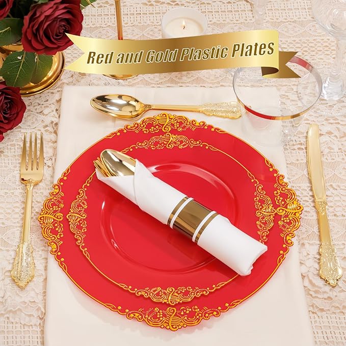Nervure 100Pcs Red and Gold Plastic Plates - 7.5inch Red Disposable Plates - Heavyweight Plastic Plate - Dessert Plate for Wedding & Party