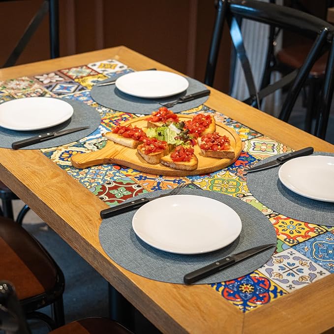 Round Wipeable Placemats Set of 6 – Faux Leather Round Table Mats, Waterproof & Washable Vinyl Placemats, Circle Design for Dining Table Decor– Charcoal Blue