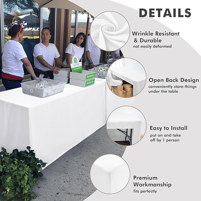 Nasitos 4 Pack White Fitted Table Covers for 8 Foot Tables-Open Back Tablecloth Washable Fabric Table Cloth for Parties, Wedding, Banquet, Jewelry Shows, Craft Fair, Trade Show