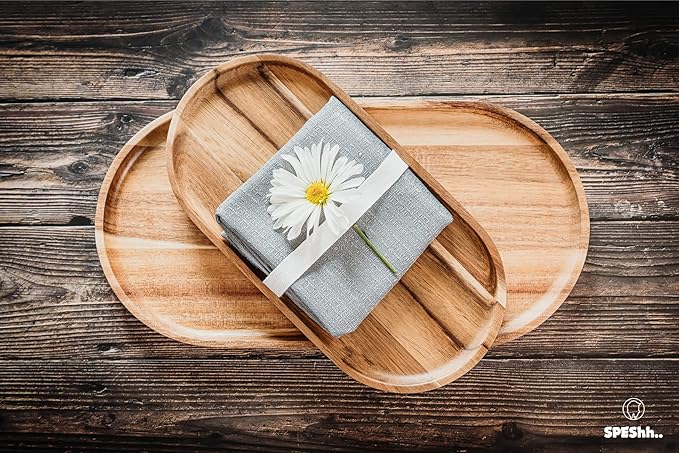 Acacia Wooden Serving Trays Set of 2 - Rectangular Oval Shaped Wood Plates for Charcuterie Cheese Bread Fruit Vegetable Dip Sushi - Rustic Serving Platter Shallow Dishes -14x7 & 11x5.5 In.