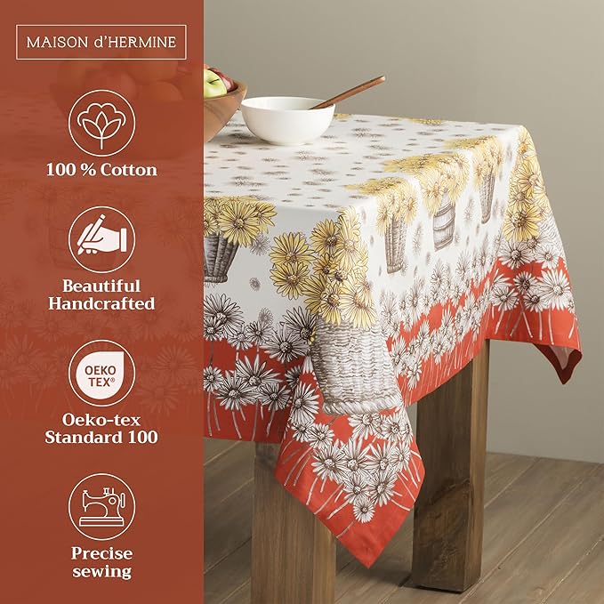 Maison d' Hermine Table Cloth Square Table 100% Cotton 60 x 60 Inches Fall Tablecloth Reusable Everyday Use for Thanksgiving Christmas Decorations Dining Farmhouse Party (Bagatelle)
