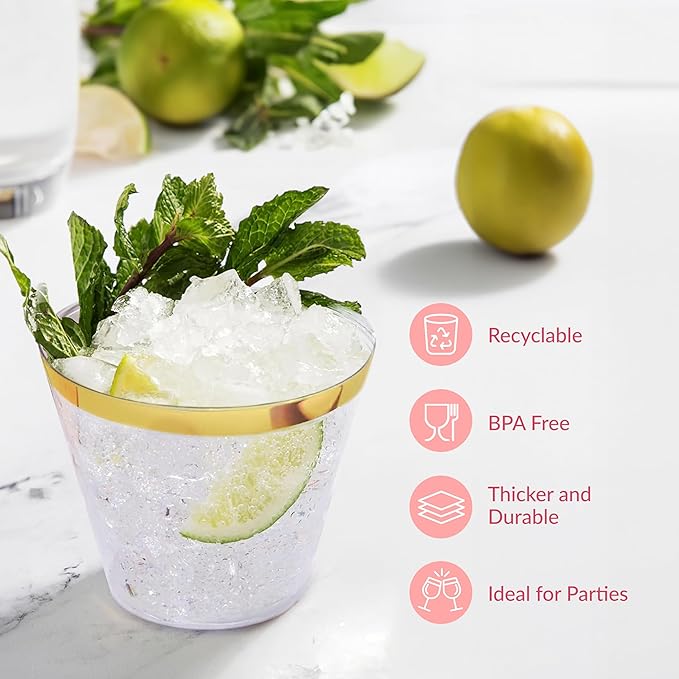 Prestee 100-Pack 9oz Gold Rimmed Plastic Cups Disposable Wine Glasses for Charcuterie, Weddings, Parties, and Events - Elegant Cocktail and Drinking Cups for Champagne, Martini, and Mocktails