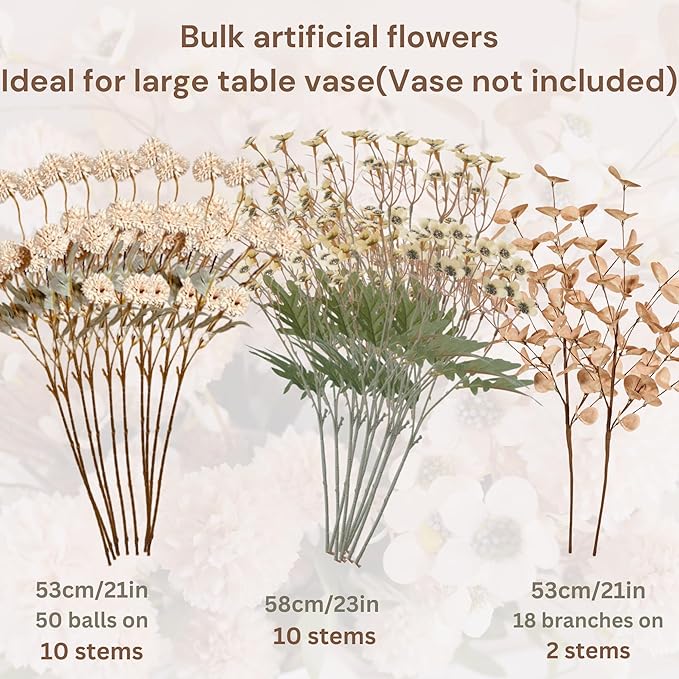 Beige Silk Flower Arrangements Home Decor, Large Floral Centerpieces For Tables, 22 Long Stems Fake Mums + Eucalyptus + Wild Flowers in Bulk, Artificial Flowers Coffee Dining Table, Faux Mums Flowers