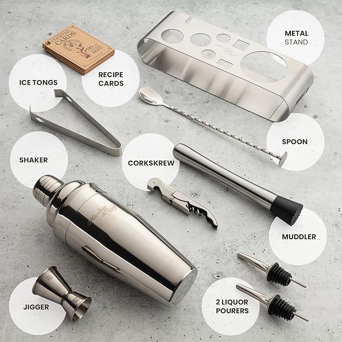 Mixology & Craft Cocktail Shaker Set with Stainless Steel Stand - 9-Piece Bartender Kit with Recipe Cards - Cocktail Mixer & Barware Tool Set