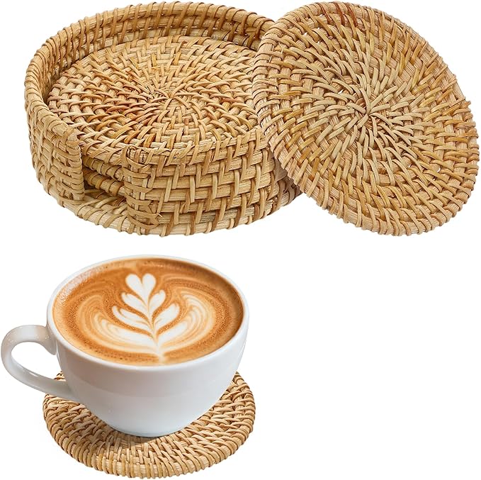 4pcs Natural Handmade Rattan Coasters with Holder - Wicker Drink Coasters Set for Protecting Table, Housewarming Gifts Boho Fall Home Decor