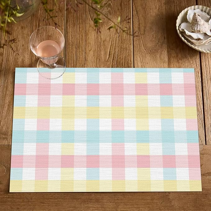 Artoid Mode Buffalo Plaid Vinyl Placemats Set of 4, 12x18 Inch Washable Non-Slip Heat Resistant Plastic Place Mats for Party Dining Table, Pink/Blue