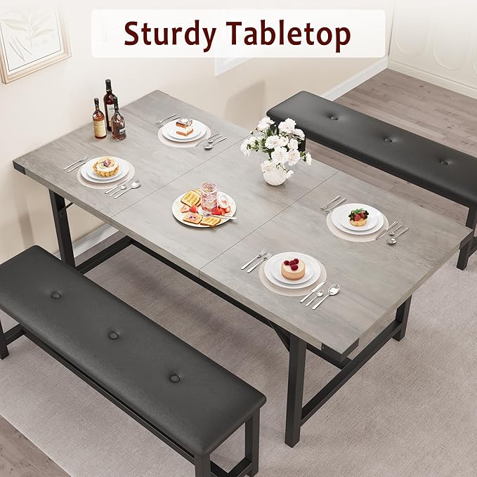 IDEALHOUSE 3-Piece Dining Table Set for 4-6 People, 63" Large Extendable Kitchen Table Set w 2 Soft Benches, Easy Assembly, Space Saving for Apartment, Small Space, Gray