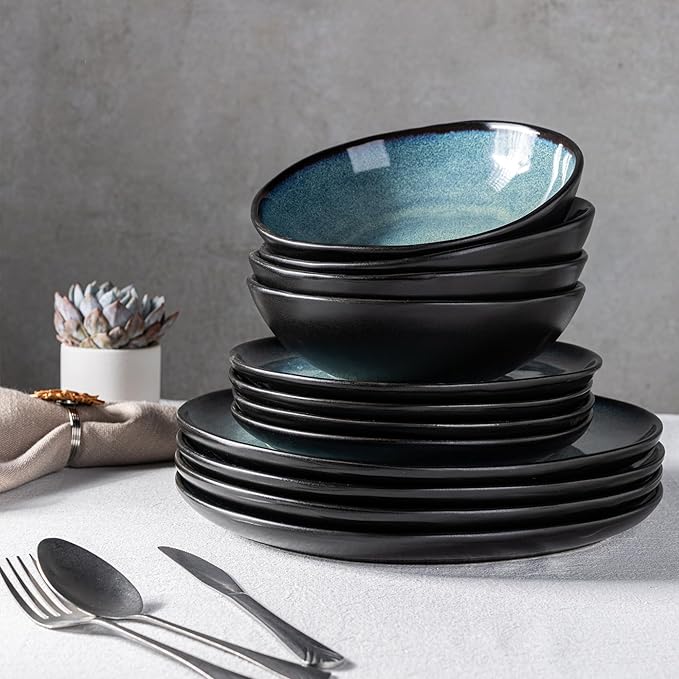 AmorArc Ceramic Dinnerware Sets,Handmade Reactive Glaze Stoneware Plates and Bowls Set,Highly Chip and Crack Resistant | Dishwasher & Microwave Safe Dishes Set,Service for 6 (18pc)