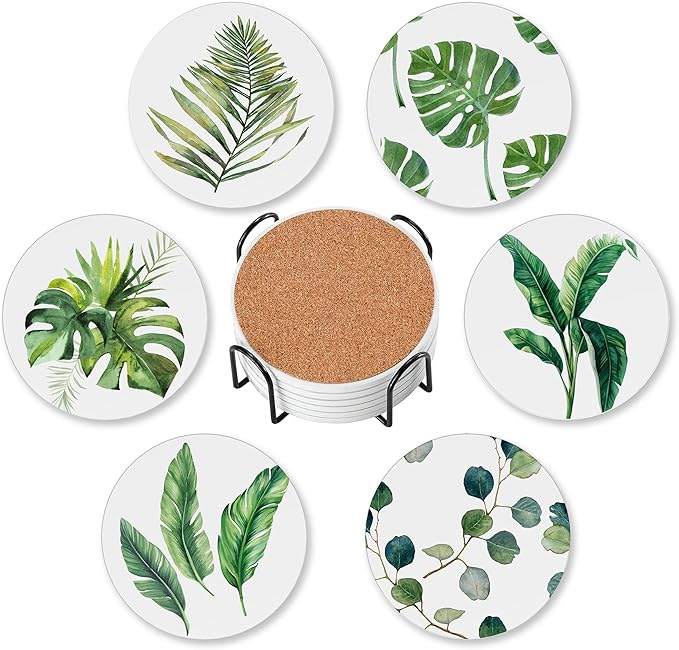 Coasters for Drinks Absorbent with Holder,Green Leaves Sets of 6 Durable Cup Coaster for Coffee Table Protection,Great Housewarming Birthday Gifts,Home Decor