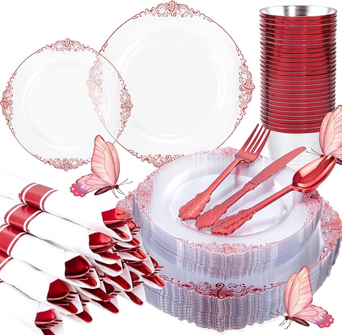 Hioasis 175pcs Clear and Red Plates - Red Party Plates for 25 Guest, Include 50 Heavy-duty Plates(20% Thicker Than Standard), 25 Pre Rolled Gold Plastic Silverware Set, 25 Cups