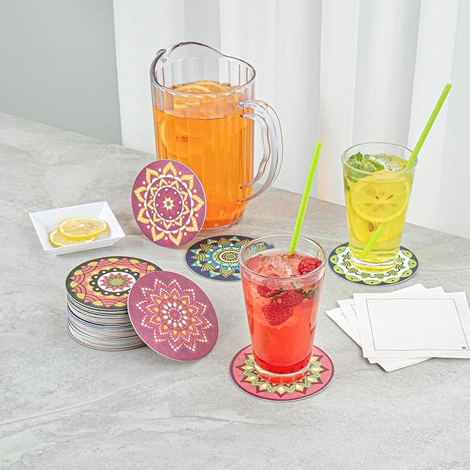 Restaurantware Super Absorbent Coasters 480 Case 4 Inch Assorted Paper Bar Coasters High-Density Pulpboard Beverage Coasters Moisture-Absorbing Durable Drink Coasters - Assorted Designs