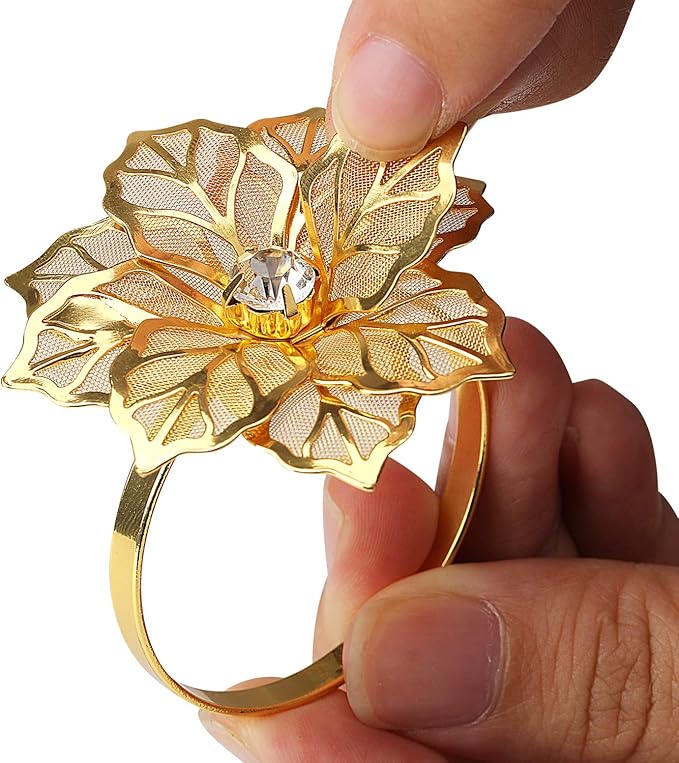 KPOSIYA Flower Napkin Rings Holder Metal Gold Napkin Rings Set of 12 for Wedding Party Holiday Banquet Christmas Dinner Delicate Serviette Buckles Decor Favor (12, Flower-Gold)
