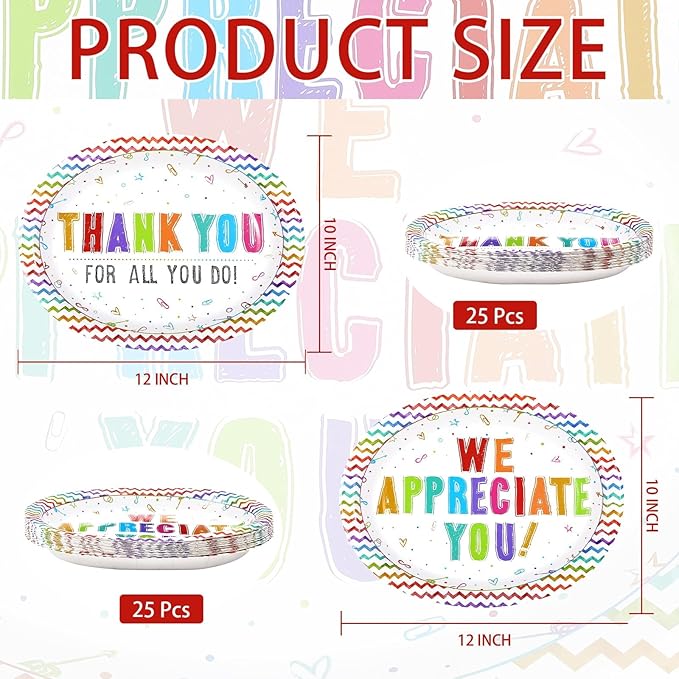 50Pcs Thank You Oval Paper Plates 10" x 12" Large We Appreciate You Paper Platters Teacher Appreciate Dessert Plates for Valentine’s Day Volunteer Employee Teacher Doctor Appreciation Party Decor