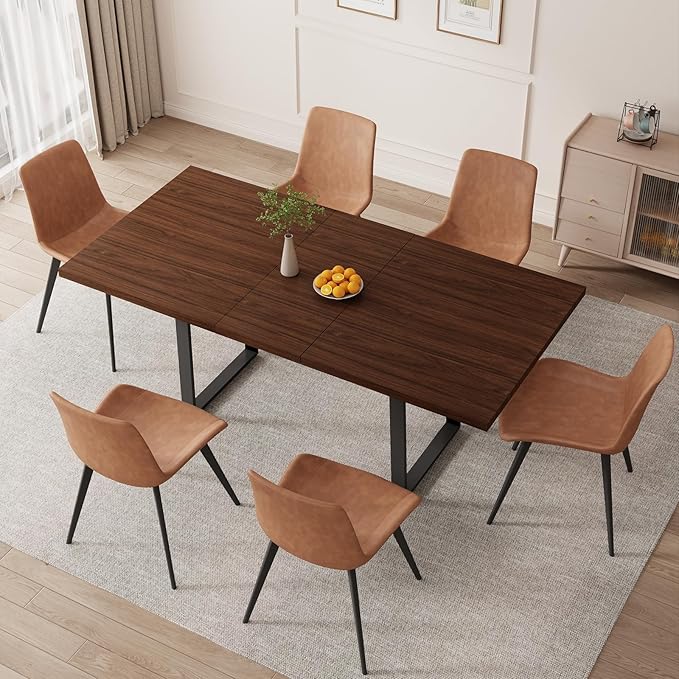 ZckyCine 67" Expandable Walnut Dining Table and 6 Upholstered Chairs, 7-Piece Modern Dining Set