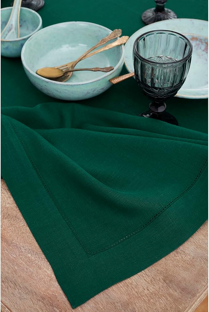 Solino Home Linen Tablecloth for Rectangle Tables 54 x 72 Inch - Classic Hemstitch 100% Pure Linen Rainforest Green Table Cloth - Machine Washable Cloth Tablecloth for St Patricks Day