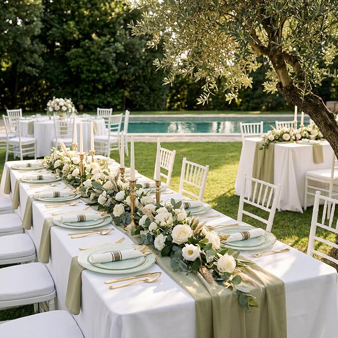 175PCS Sage Green Plastic Plates - Heavy Duty Green Plates Disposable - 25Guests Plastic Dinnerware with Rolled Napkins for Spring/Birthday/Baby Shower/Easter