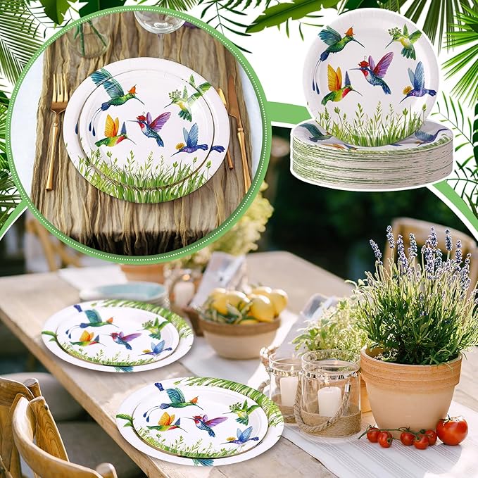 48 Pcs Hummingbird Plates Set Include 9 Inch and 7 Inch Spring Watercolor Disposable Plates Summer Decorative Dinner Birthday Party Tableware for Baby Shower Party Supplies