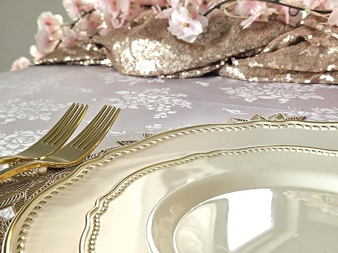 " OCCASIONS " 50 Plates Pack (25 Guests)-Heavyweight Wedding Party Disposable Plastic Plate Set -25 x 10.25'' Dinner + 25 x 7.5'' Salad/dessert plates (Rochelle Ivory and Gold)