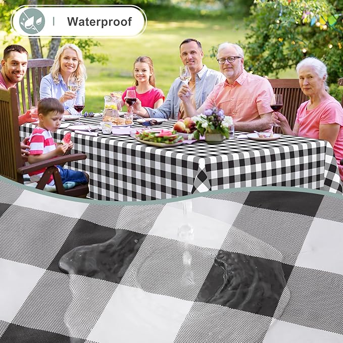 misaya Rectangle Waterproof Vinyl Table Cloth, Buffalo Flannel Backed Tablecloth, Wipeable Plastic Table Cover for Christmas (70" x 90", Black and White)