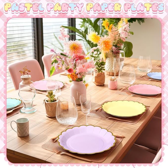 96 Pcs Pastel Paper Plates 9 Inch Gradient Scalloped Paper Disposable Dinner Dessert Plates for Easter Birthday Wedding Bridal Party Supplies, 6 Colors