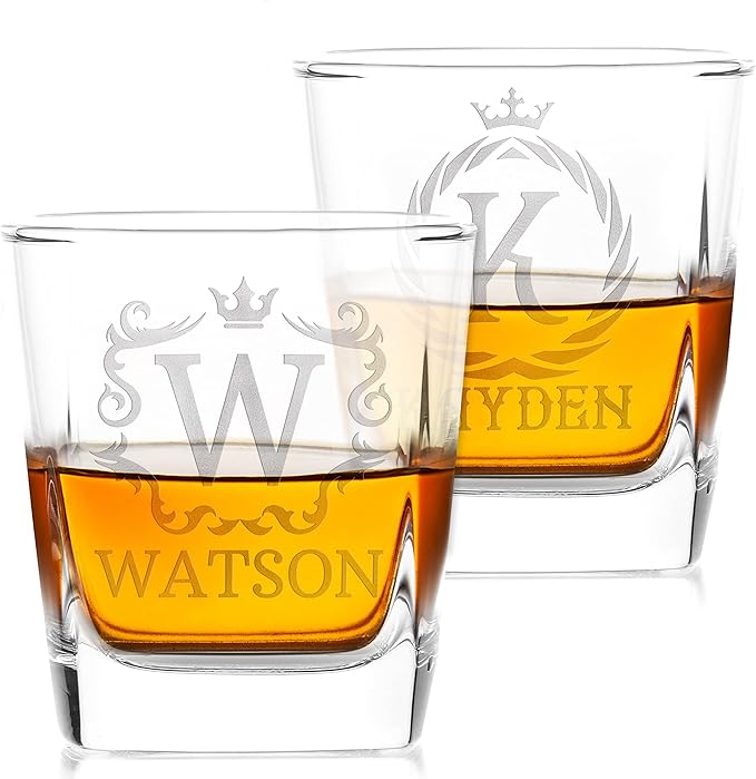 Customization Mill Set of 2, Monogrammed Whiskey Rocks Glasses w/ Name & Initial - Gifts for Men 9 Designs Personalized Bourbon Custom Birthday Dad, Old Fashioned Scotch