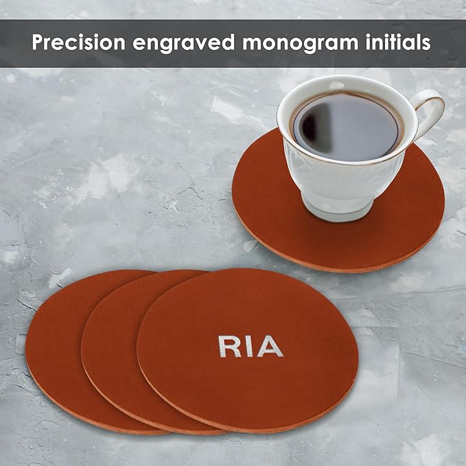 Northwind Personalized Leather Coasters – Set of 4 Full-Grain Leather 4” Circle Drink Coasters with Custom Engraved Monogram Initials – Stylish Home Décor for Weddings and Holidays