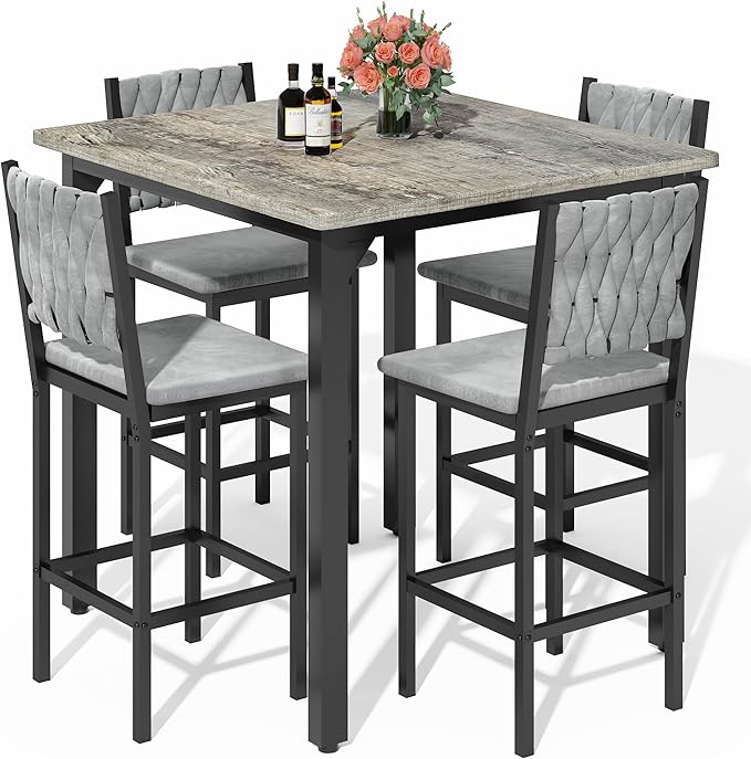 AWQM 5-Piece Dining Table Set, Dining Table Set for 4, Counter Height Table & 4 Velvet Bar Stools, Modern Kitchen Dining Set, Compact Dining Set for Small Spaces (Gray & Velvet Chairs)