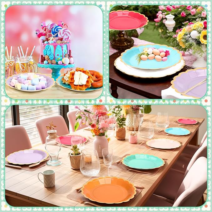 96 Pcs Candy Rainbow Paper Plates 9 Inch Pastel Scalloped Disposable Colorful Dinner Dessert Plates for Birthday Wedding Bridal Carnival Tea Party Supplies, 6 Colors